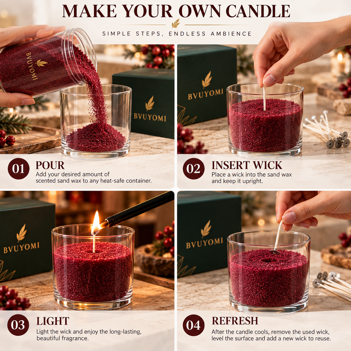 Burgundy Woods Scented Sand Wax 100g+50 candle wicks