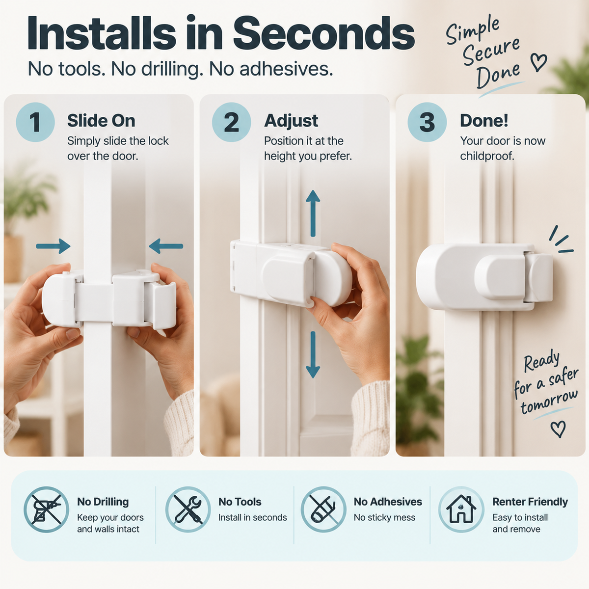 Three step tool free toddler door lock installation