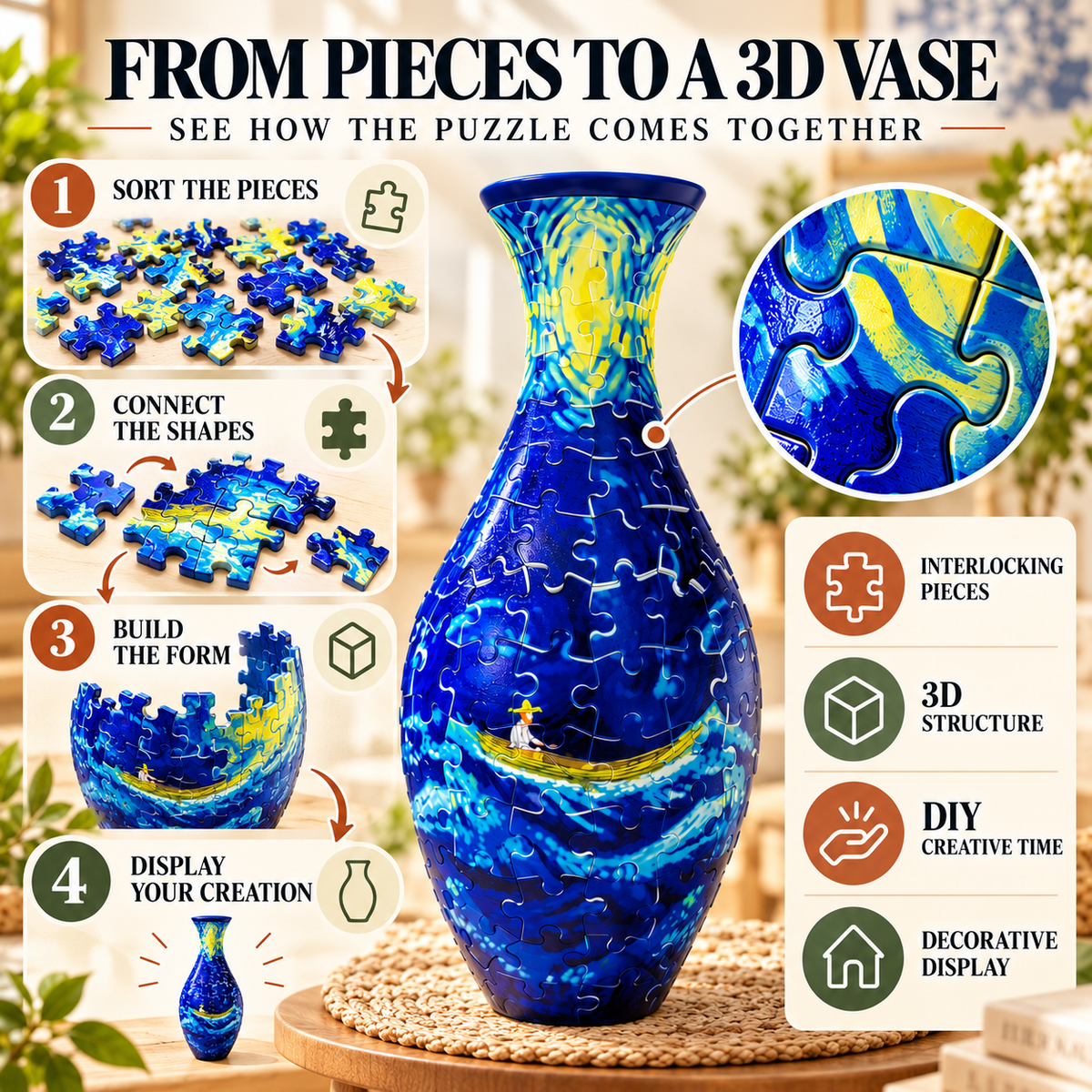 ✨ 3D DIY Puzzle Vase – 11 Creative Designs, Decorative Flower Vase & Craft Gift