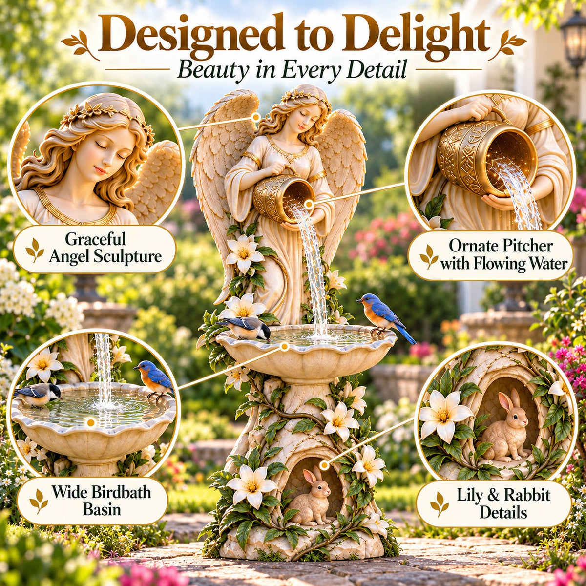 🪽 Solar Angel Bird Bath with Cascading Lights – Outdoor Garden Decoration