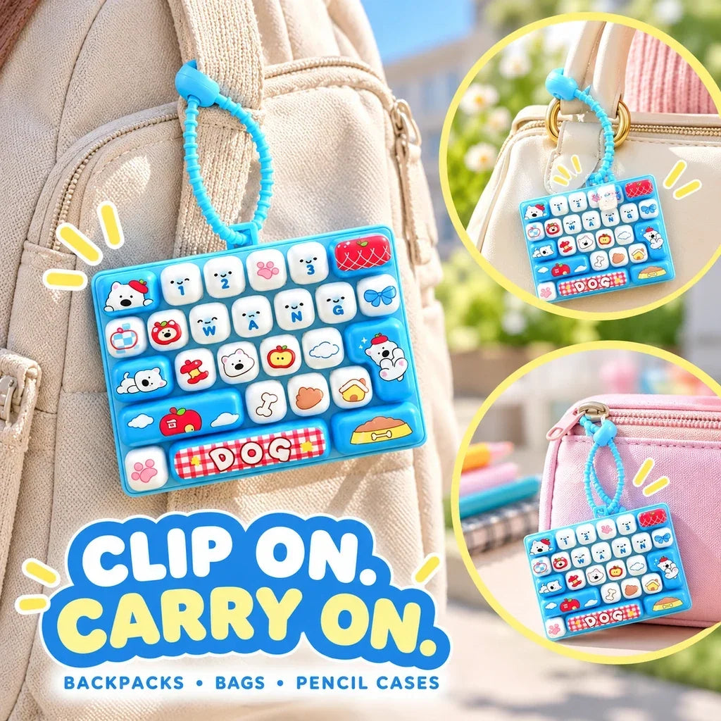 Mini fidget keyboard dangling from a backpack and pencil case by its loop