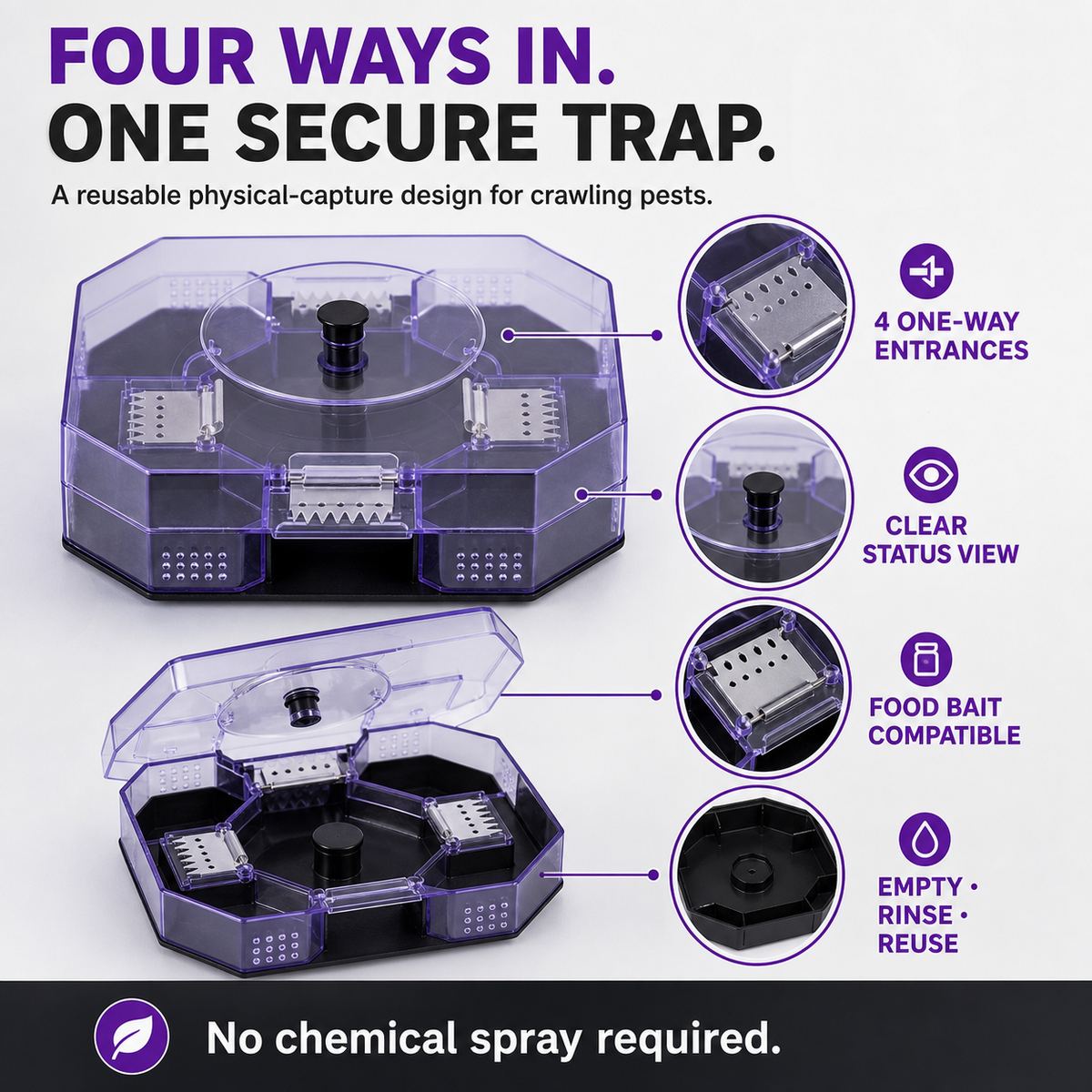 🪳 Reusable No-Spray Roach Trap – 4 One-Way Entrances