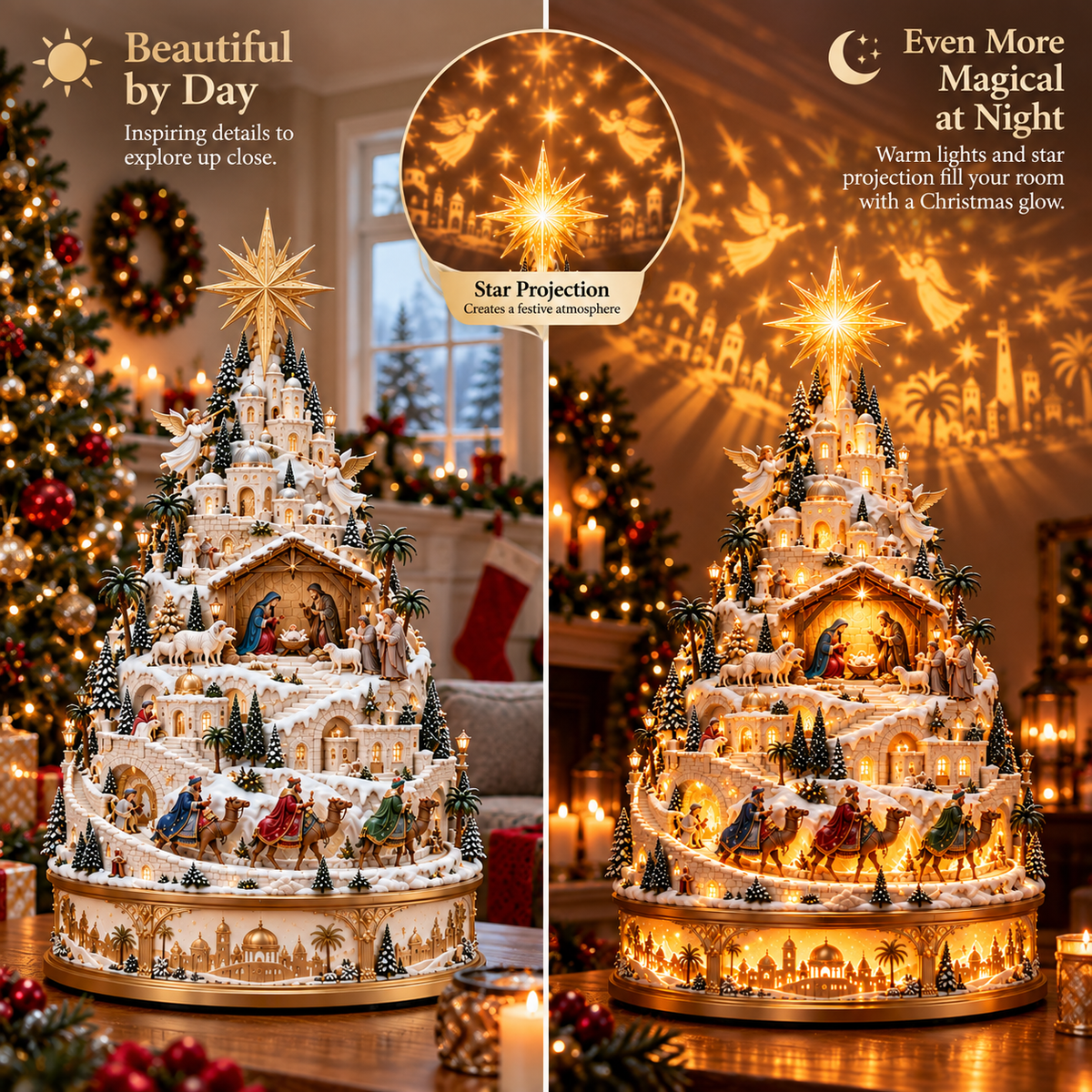Day and night views of the illuminated Nativity village