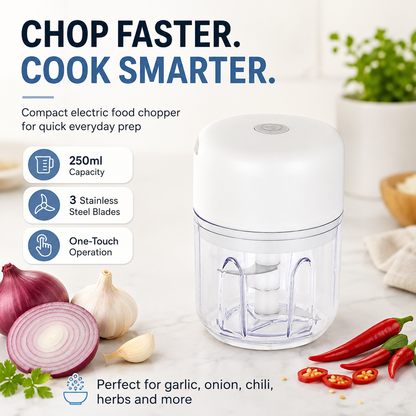 ⚡ 250ml Mini Electric Food Chopper  3-Blade One-Touch Garlic & Veggie Cutter