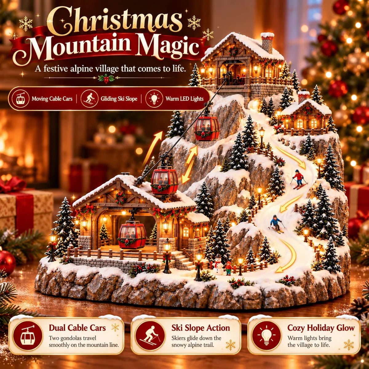 Animated Christmas Mountain Cable Car & Ski Village Scene ✨✨