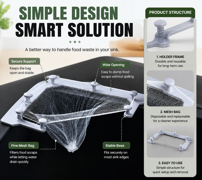 🗑️ Smart Sink Strainer Holder Kit With 50 Mesh Bags – Keep Food Scraps Away From Your Drain