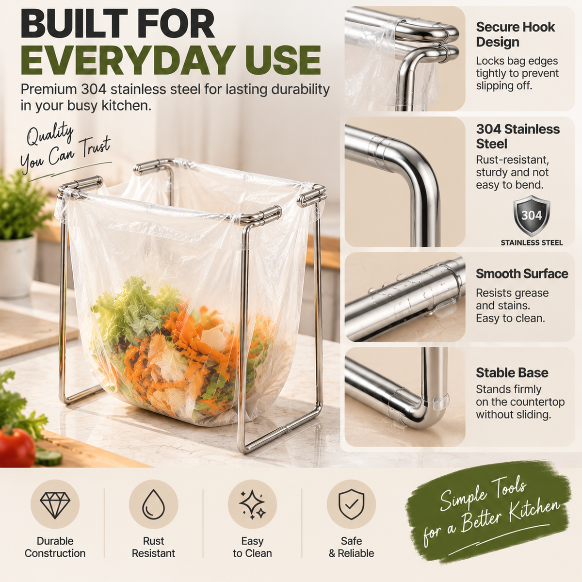 🗑️ HOT SALE | 🥕Foldable Countertop Trash Bag Holder – Stainless Steel Kitchen Waste Rack for Grocery Bags & Food Scraps