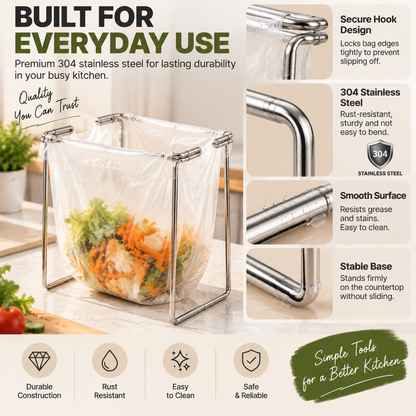 🗑️ HOT SALE | 🥕Foldable Countertop Trash Bag Holder – Stainless Steel Kitchen Waste Rack for Grocery Bags & Food Scraps