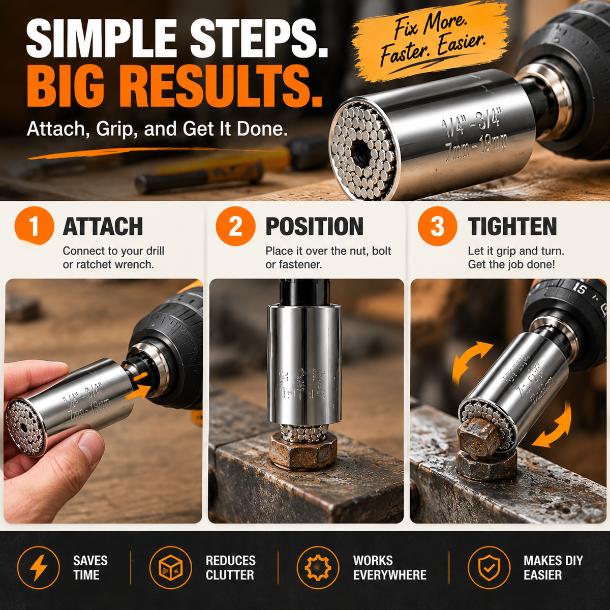 ⚙️ SELF-ADJUSTING SOCKET | Universal Multi-Size Adapter for Nuts, Bolts, Hooks & Everyday Fasteners