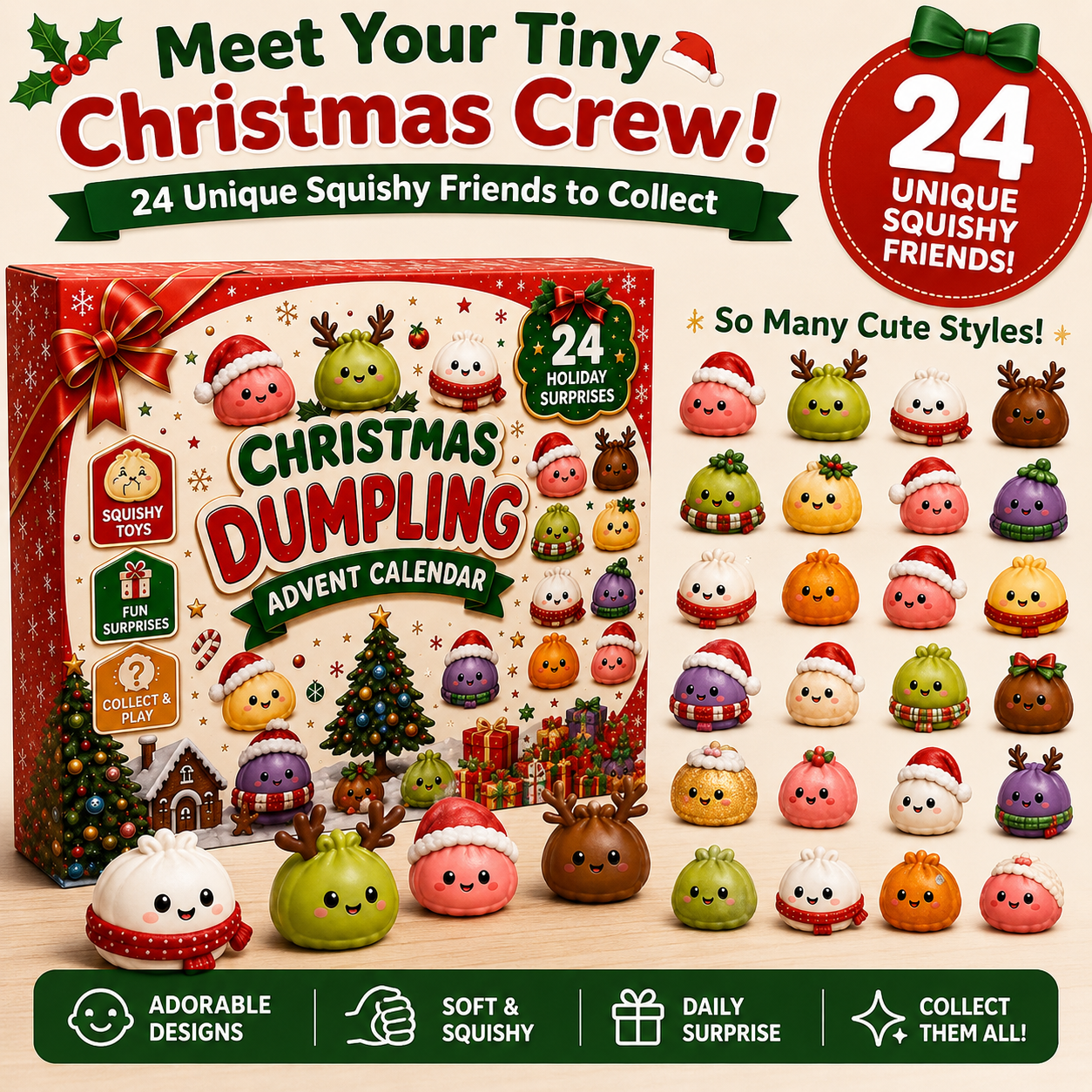 Full assortment illustration of festive mini dumpling squishies next to the Christmas countdown gift box