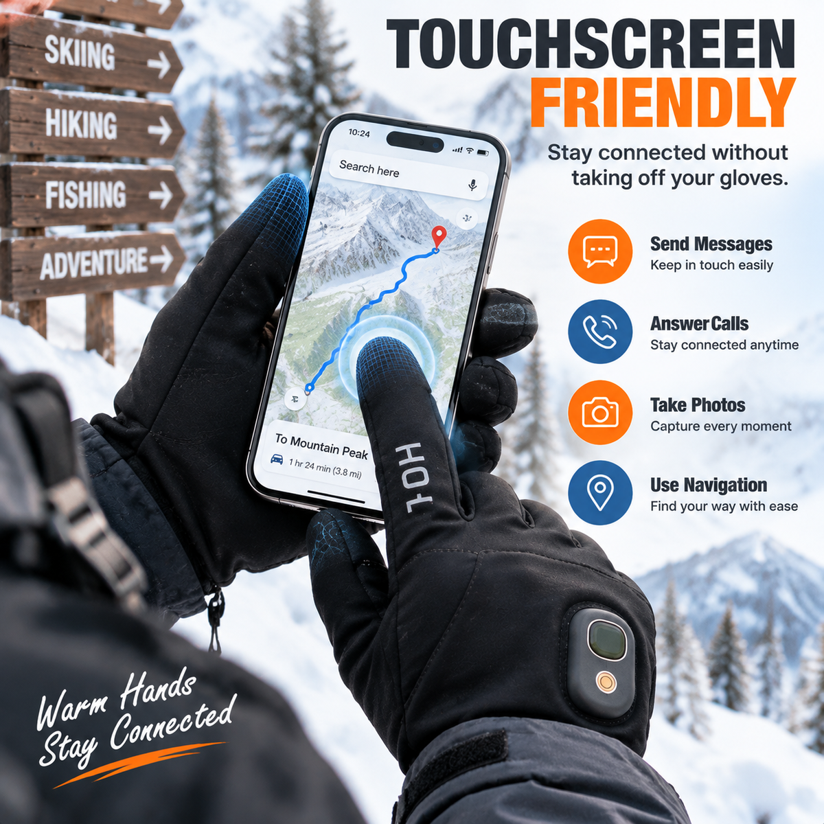 Touchscreen compatible heated gloves using smartphone outdoors