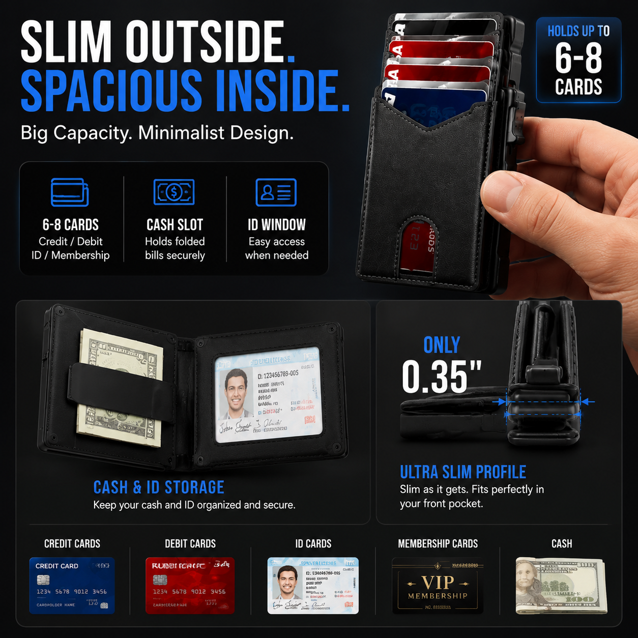 🔐 RFID Blocking Minimalist Pop-Up Wallet | One-Second Card Eject Design & Ultra Slim Pocket Wallet