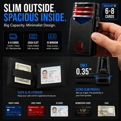 🔐 RFID Blocking Minimalist Pop-Up Wallet | One-Second Card Eject Design & Ultra Slim Pocket Wallet