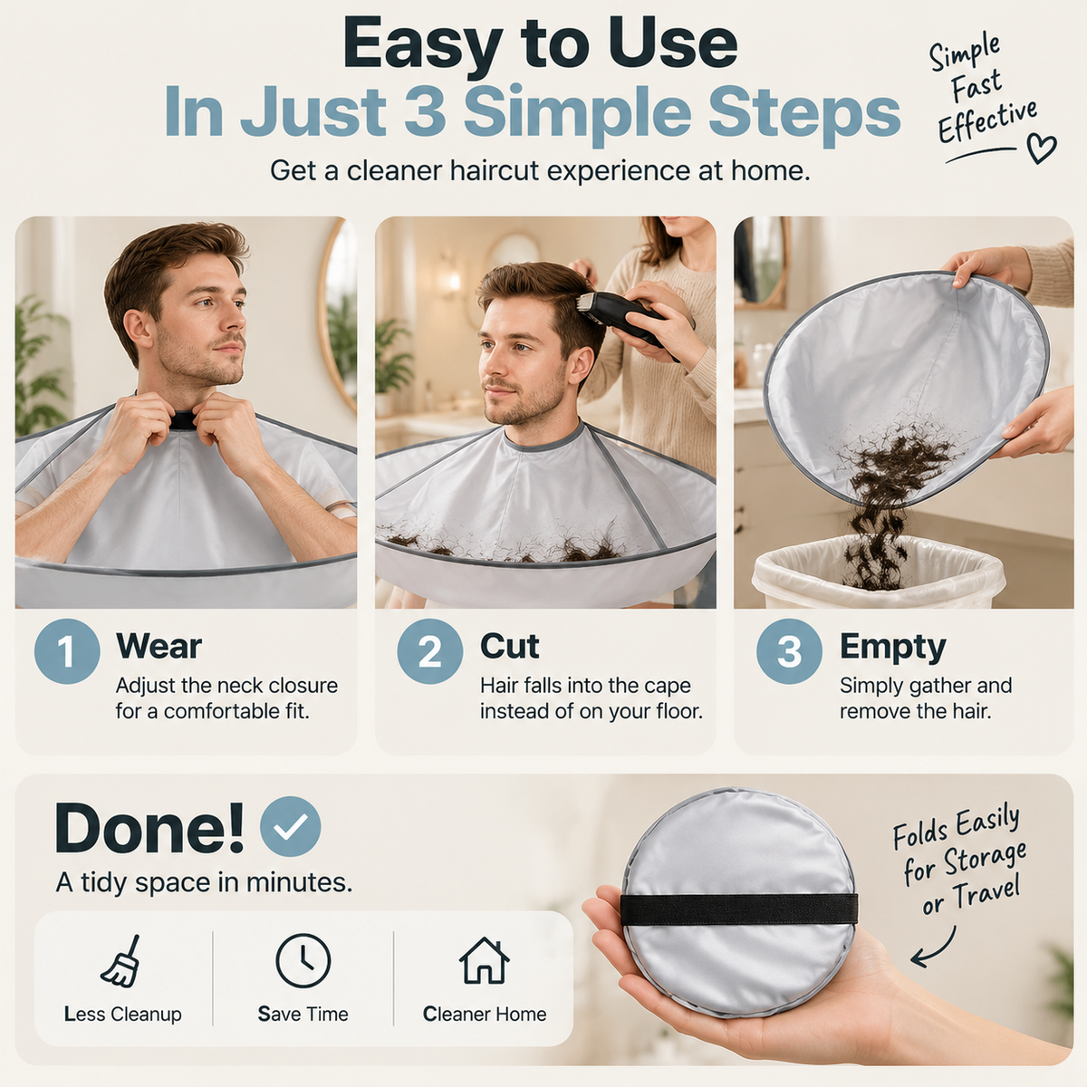 ⭕ Foldable Haircut Catcher Cape – Catch the Hair, Skip the Cleanup