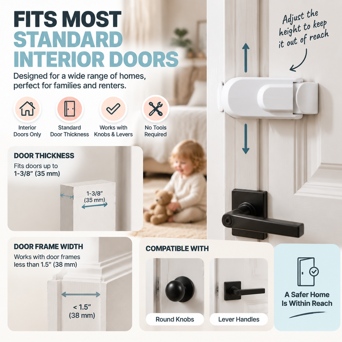 High mounted toddler door lock installed without drilling