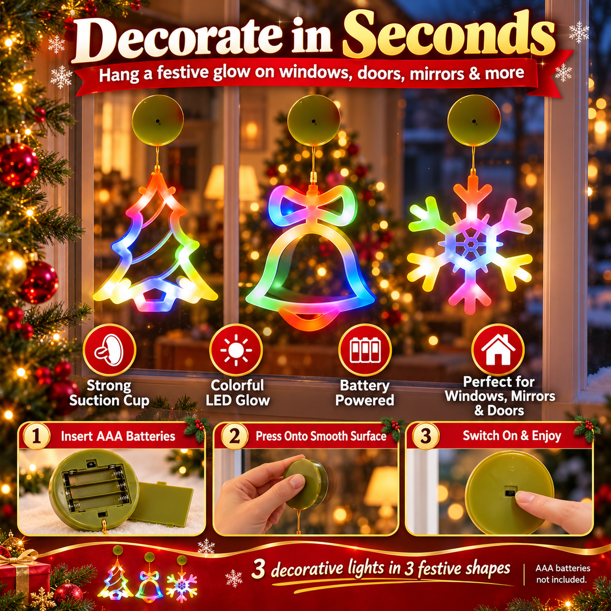 🎄 3-Piece Christmas Window Lights – LED Suction Cup Tree, Bell & Snowflake Decorations