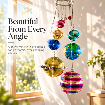 🪐 Solar System Disco Ball Hanging Mobile – Colorful Reflective Celestial Room Decor