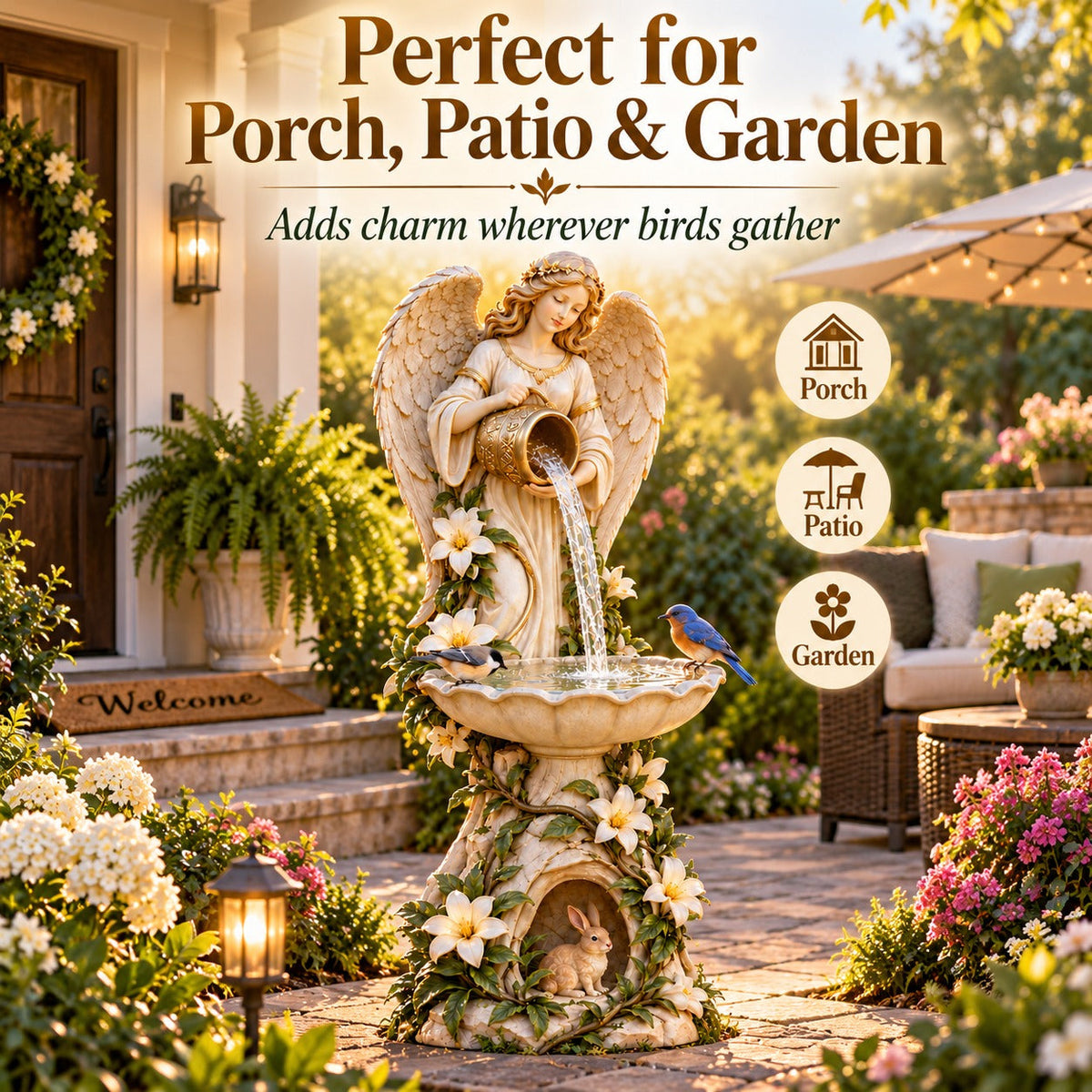 🪽 Solar Angel Bird Bath with Cascading Lights – Outdoor Garden Decoration