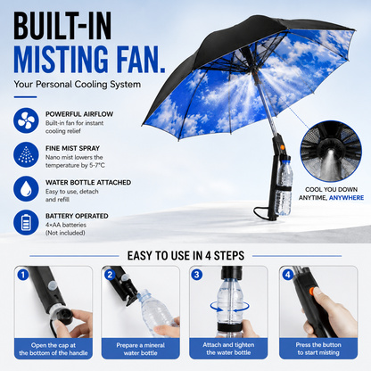 Cooling Mist Fan Umbrella | Built-In Fan, Mist Spray & UPF 50+ Protection