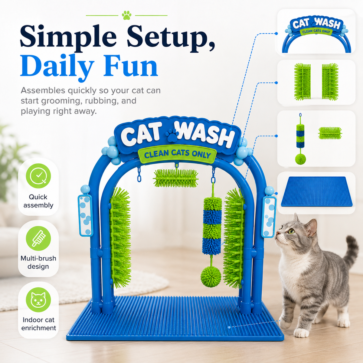 Cat grooming station components showing arch side brushes hanging toys overhead brush and textured base