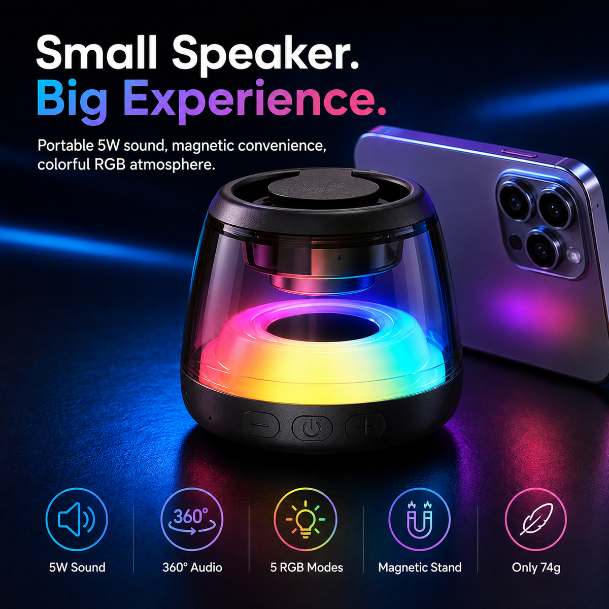 Mini RGB Bluetooth Speaker & Magnetic Phone Stand – Portable 5W 360° Stereo Sound