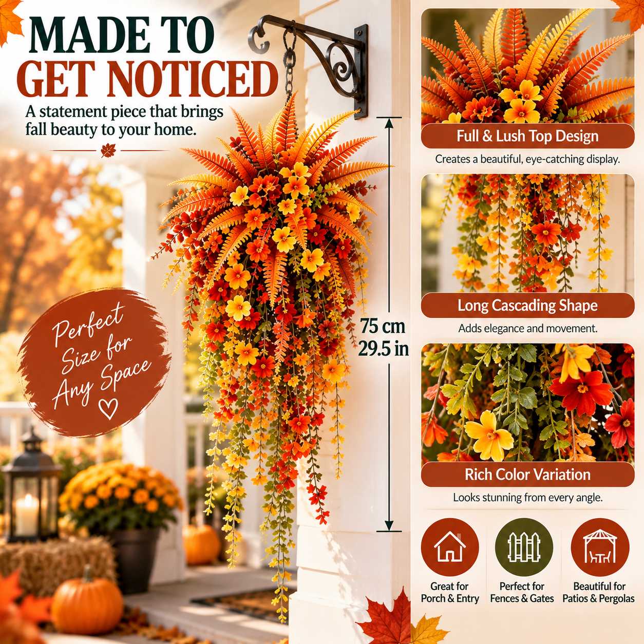 🏡 FALL PORCH FAVORITE | Cascading Artificial Fern Swag – Autumn Hanging Decor for Entryways, Columns & Gates、