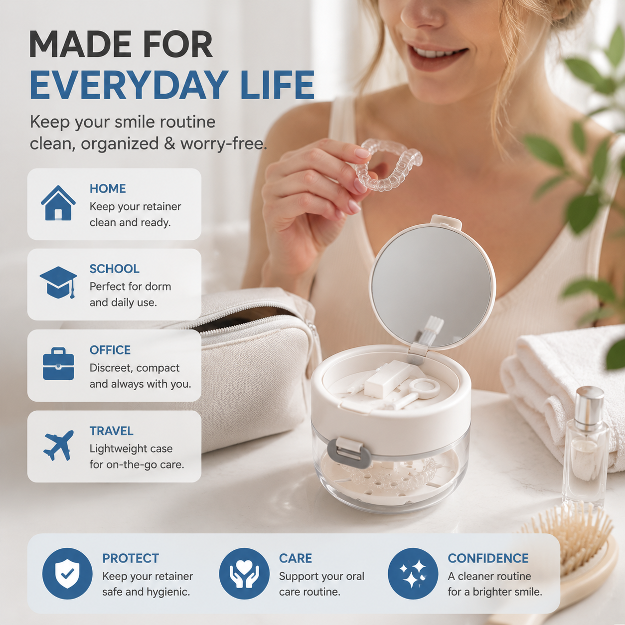 3-in-1 Travel Retainer Cleaner Case with Mirror & Drain Tray