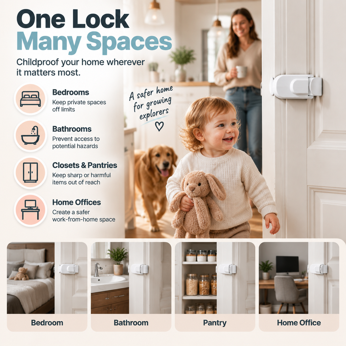Toddler door safety lock used on different interior rooms