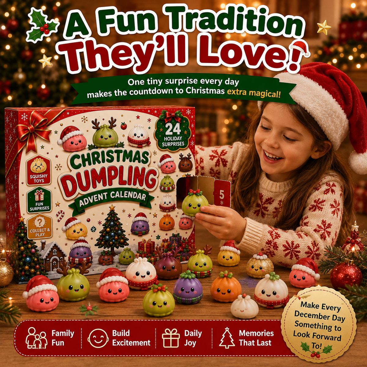 Child in Santa hat discovering a green mini dumpling squishy from the Christmas advent calendar