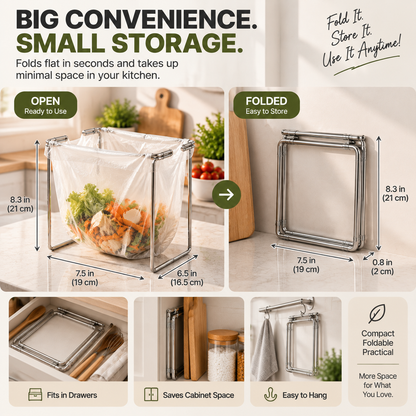 🗑️ HOT SALE | 🥕Foldable Countertop Trash Bag Holder – Stainless Steel Kitchen Waste Rack for Grocery Bags & Food Scraps