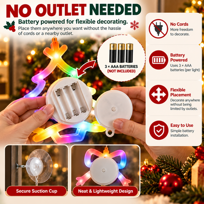 🎄 3-Piece Christmas Window Lights – LED Suction Cup Tree, Bell & Snowflake Decorations