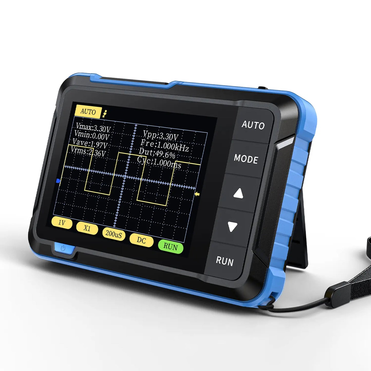 Portable oscilloscope standing on foldable rear support