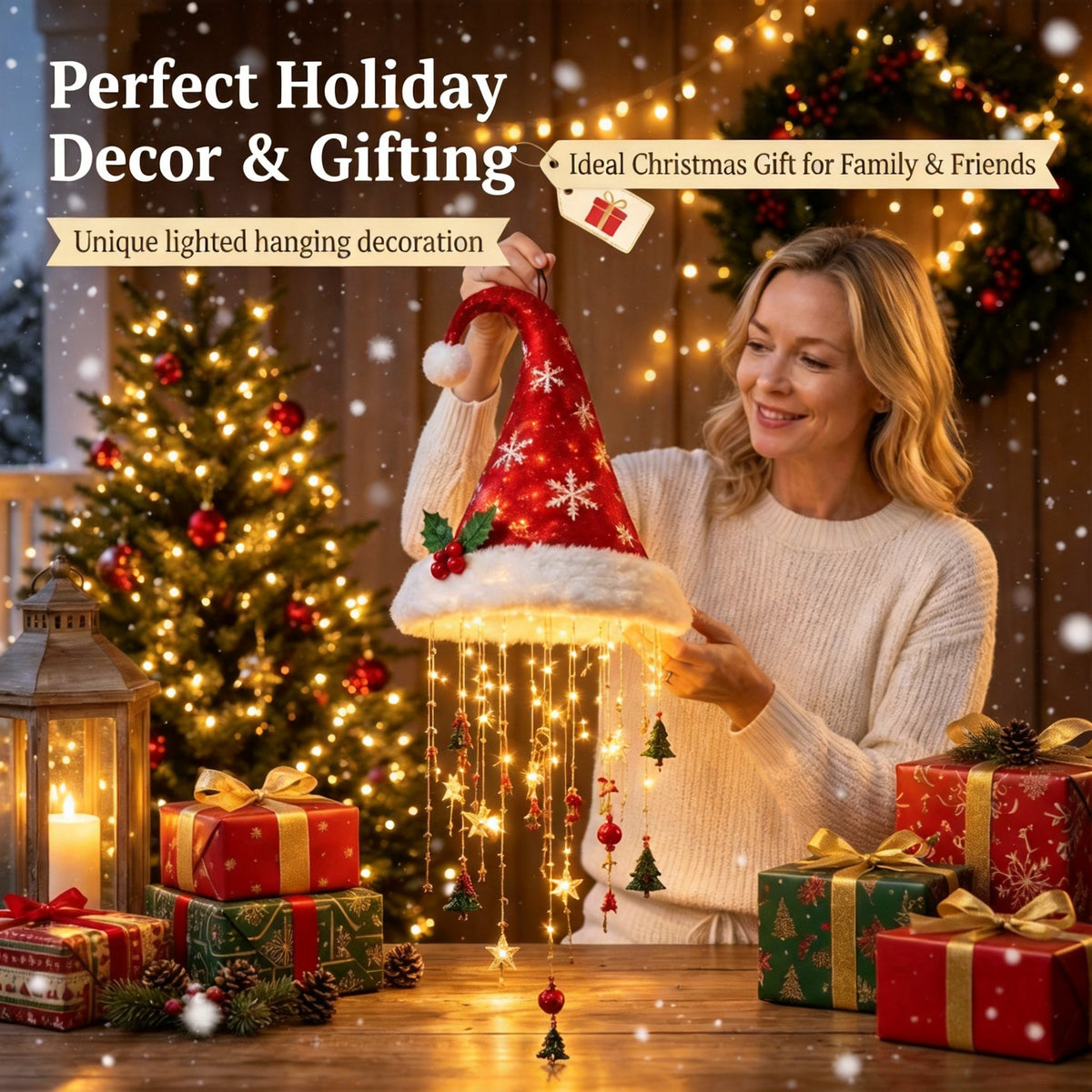 🎅✨ Lighted Santa Hat Hanging Chandelier