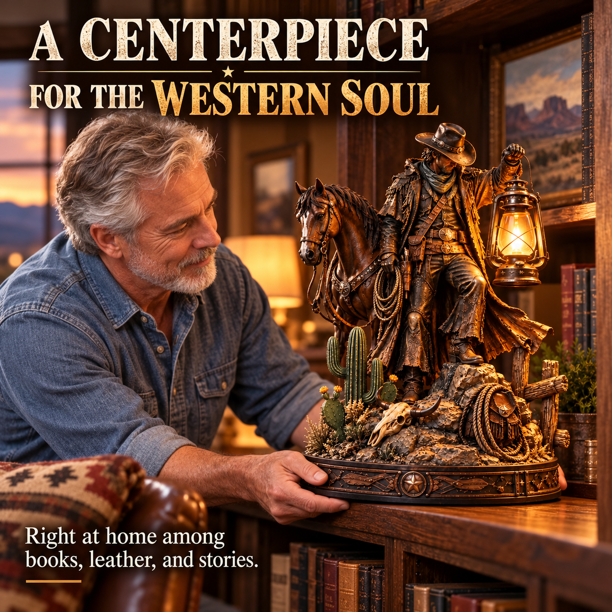 ✨Last Light of the Frontier – Western Rider & Horse Lantern Statue