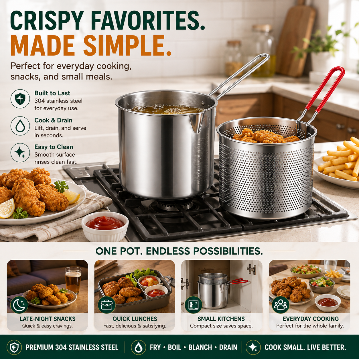 2026🔥🍟 Personal Mini Deep Fryer Set – Stainless Steel Pot with Lift-Out Draining Basket & Food Tongs