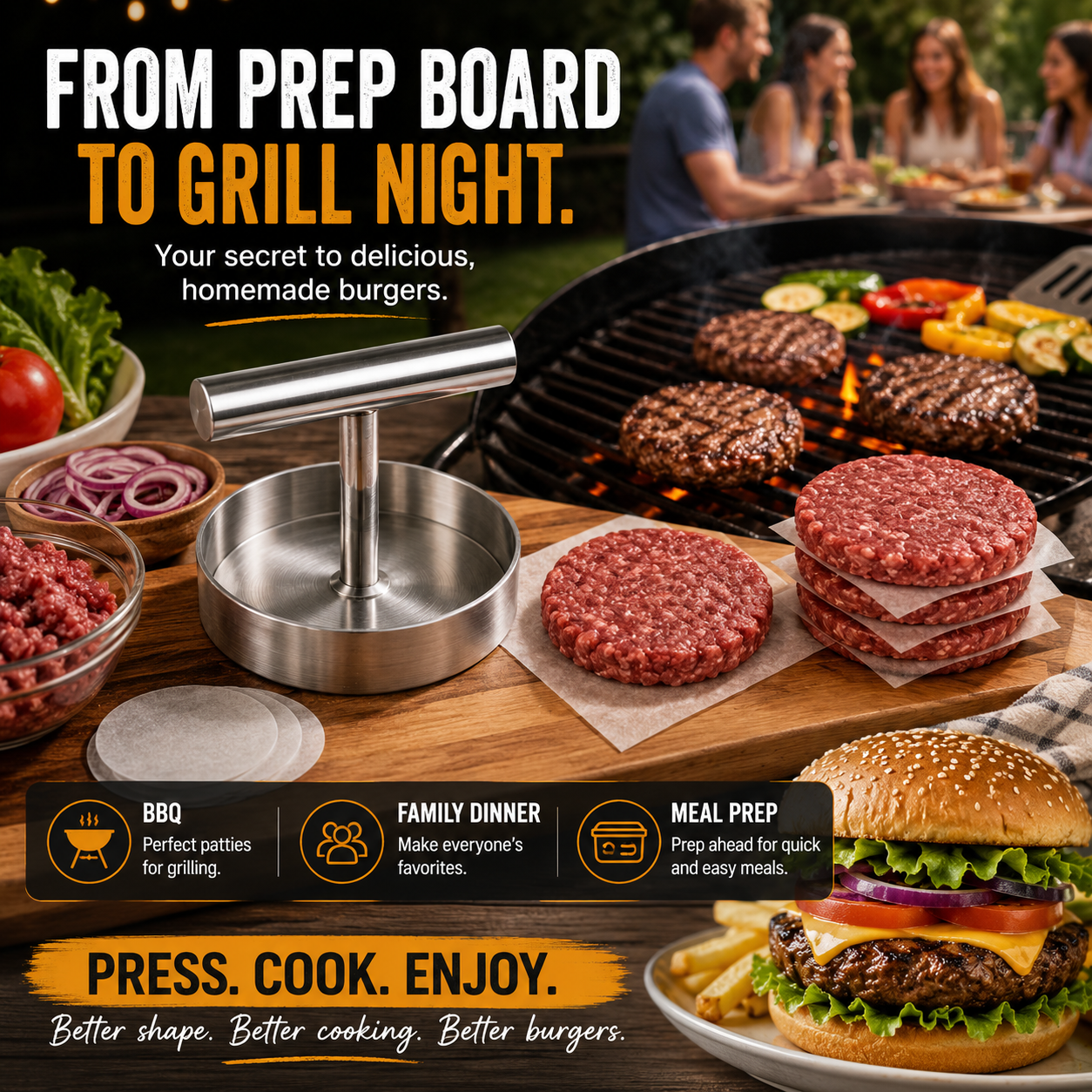 BBQ FAVORITE | Manual Burger Patty Press – Uniform Round Patties for Grilling, Meal Prep & Home Cooking