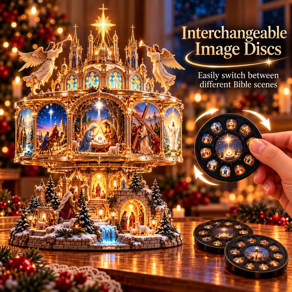 🔥LAST DAY 49% OFF✝️✨ Journey of Faith™ – 360° Rotating Lighted Bible Story Nativity Display with Angelic Cathedral & Sacred Scenes