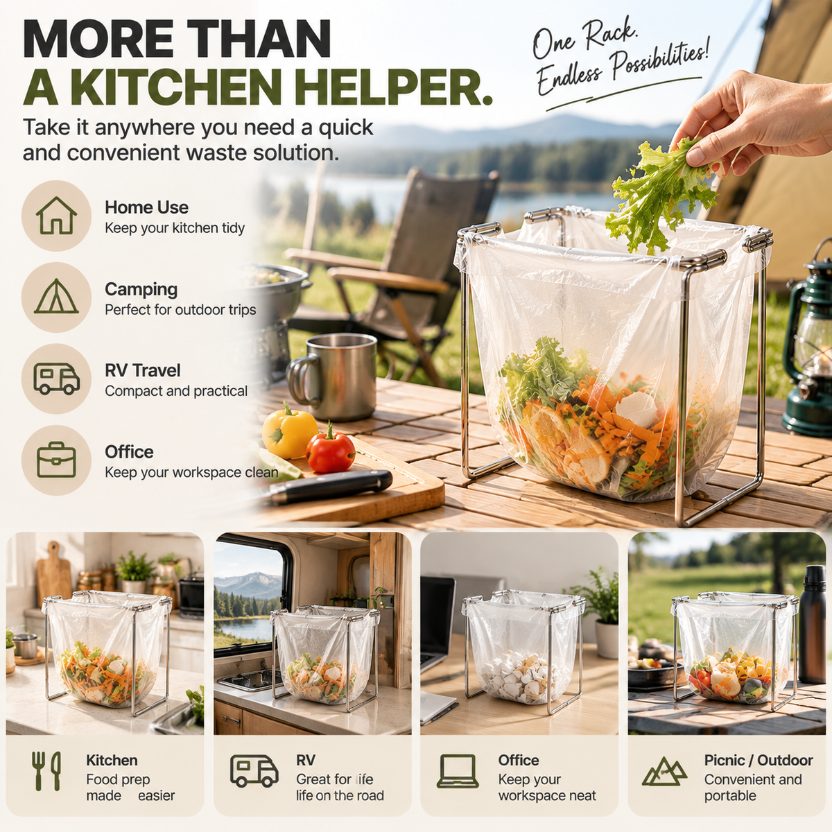 🗑️ HOT SALE | 🥕Foldable Countertop Trash Bag Holder – Stainless Steel Kitchen Waste Rack for Grocery Bags & Food Scraps