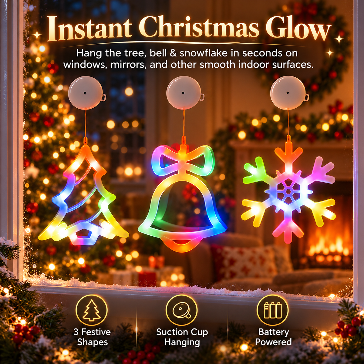 🎄 3-Piece Christmas Window Lights – LED Suction Cup Tree, Bell & Snowflake Decorations