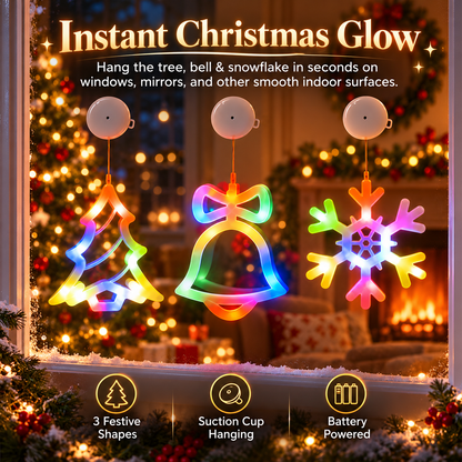 🎄 3-Piece Christmas Window Lights – LED Suction Cup Tree, Bell & Snowflake Decorations