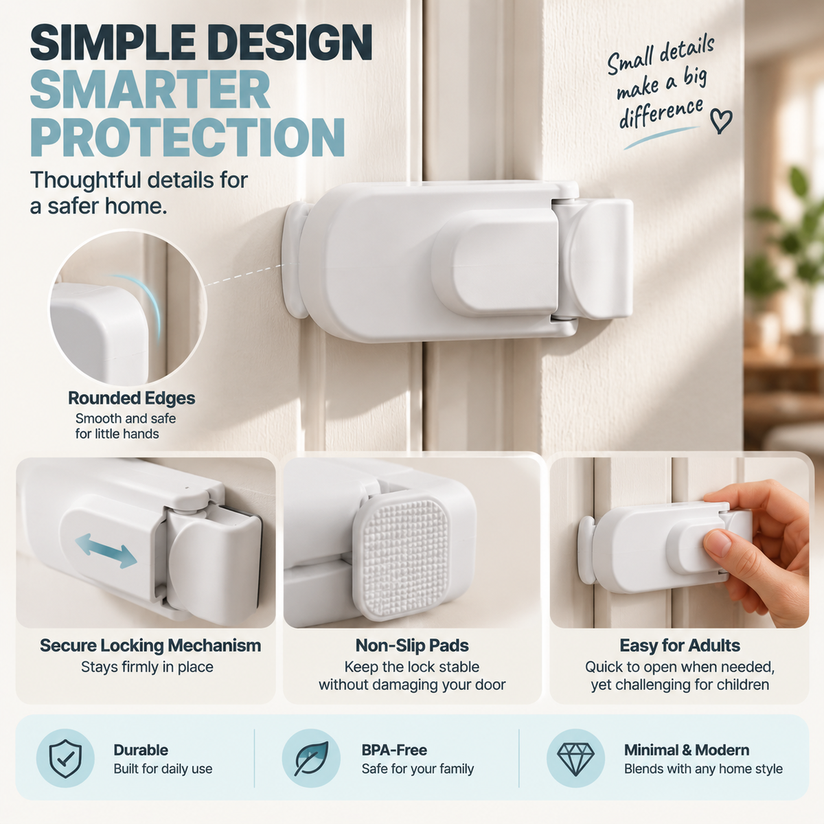 Toddler door lock rounded edges locking mechanism and non slip pads