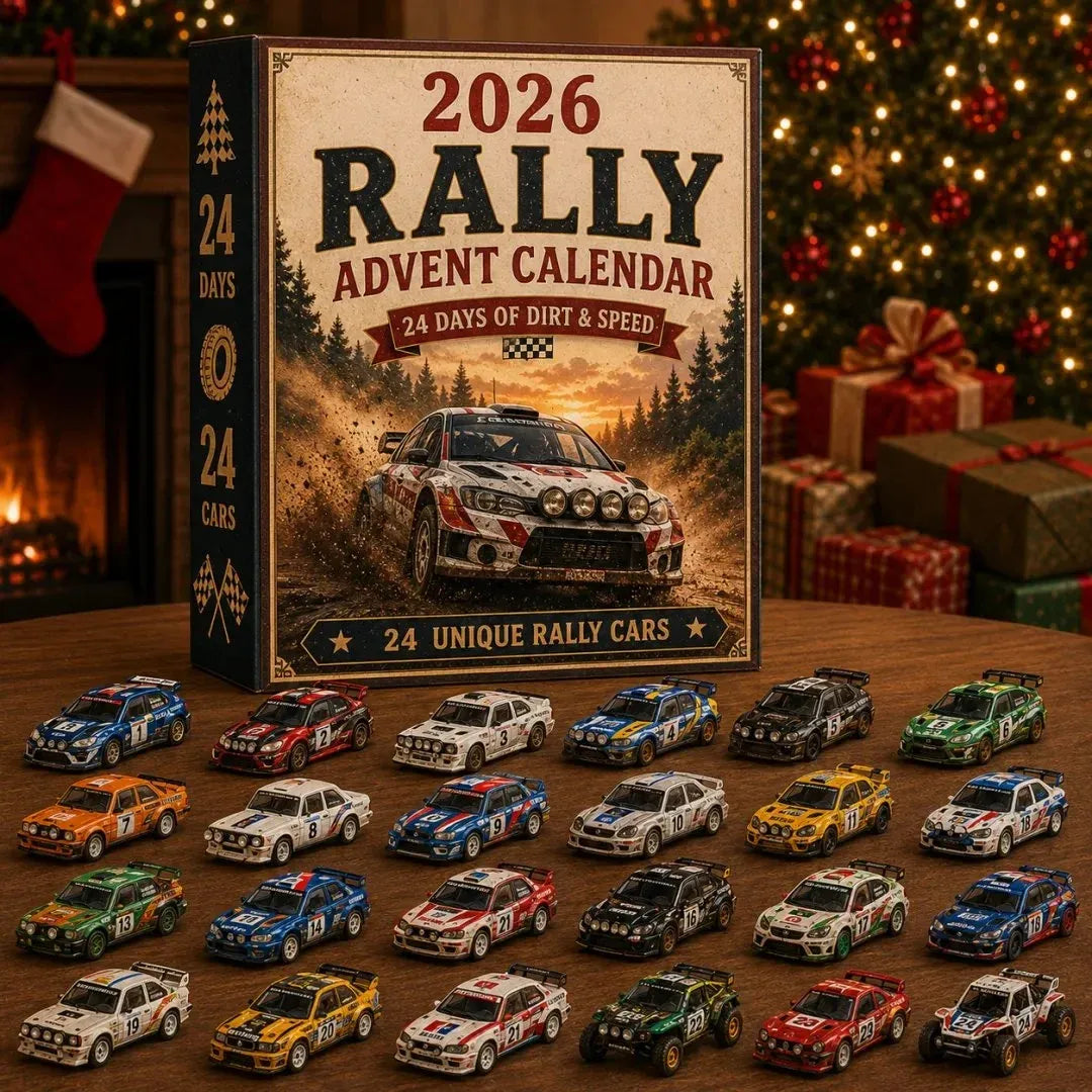 Miniature rally car collection arranged for display