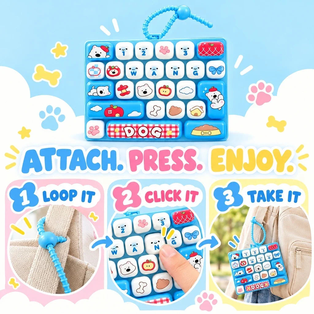 Three-step illustrated guide for attaching and pressing the mini keyboard fidget keychain