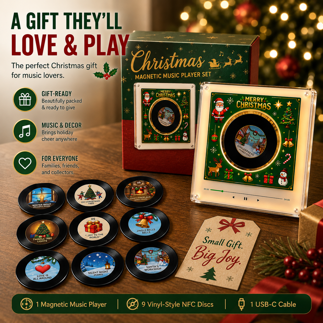 🎄🎵Christmas Fridge Magnet Music Player Set with 9 Vinyl Style Discs and USB C