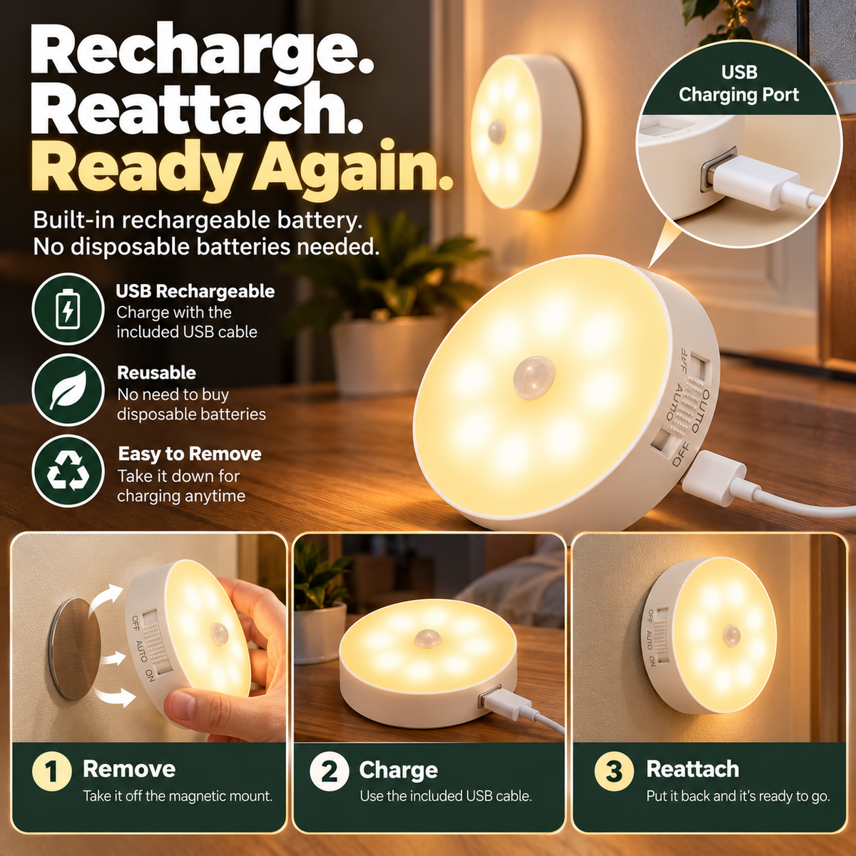 🧲 Magnetic Motion Sensor Night Light 2-Pack – USB Rechargeable Closet & Hallway Lights