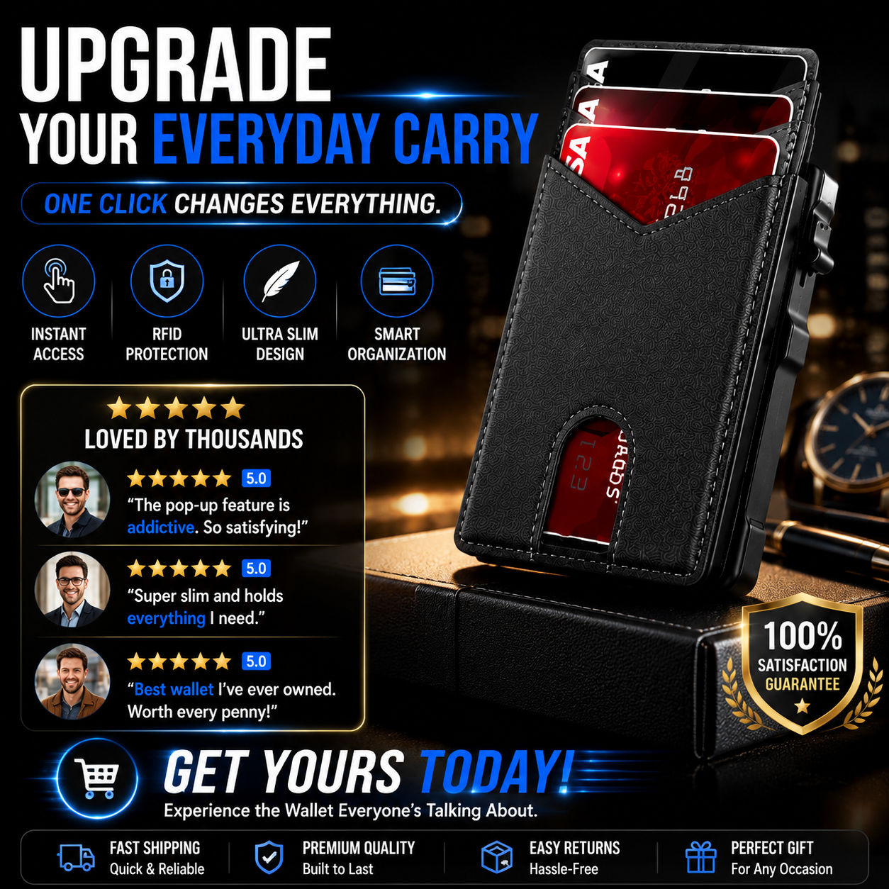 🔐 RFID Blocking Minimalist Pop-Up Wallet | One-Second Card Eject Design & Ultra Slim Pocket Wallet