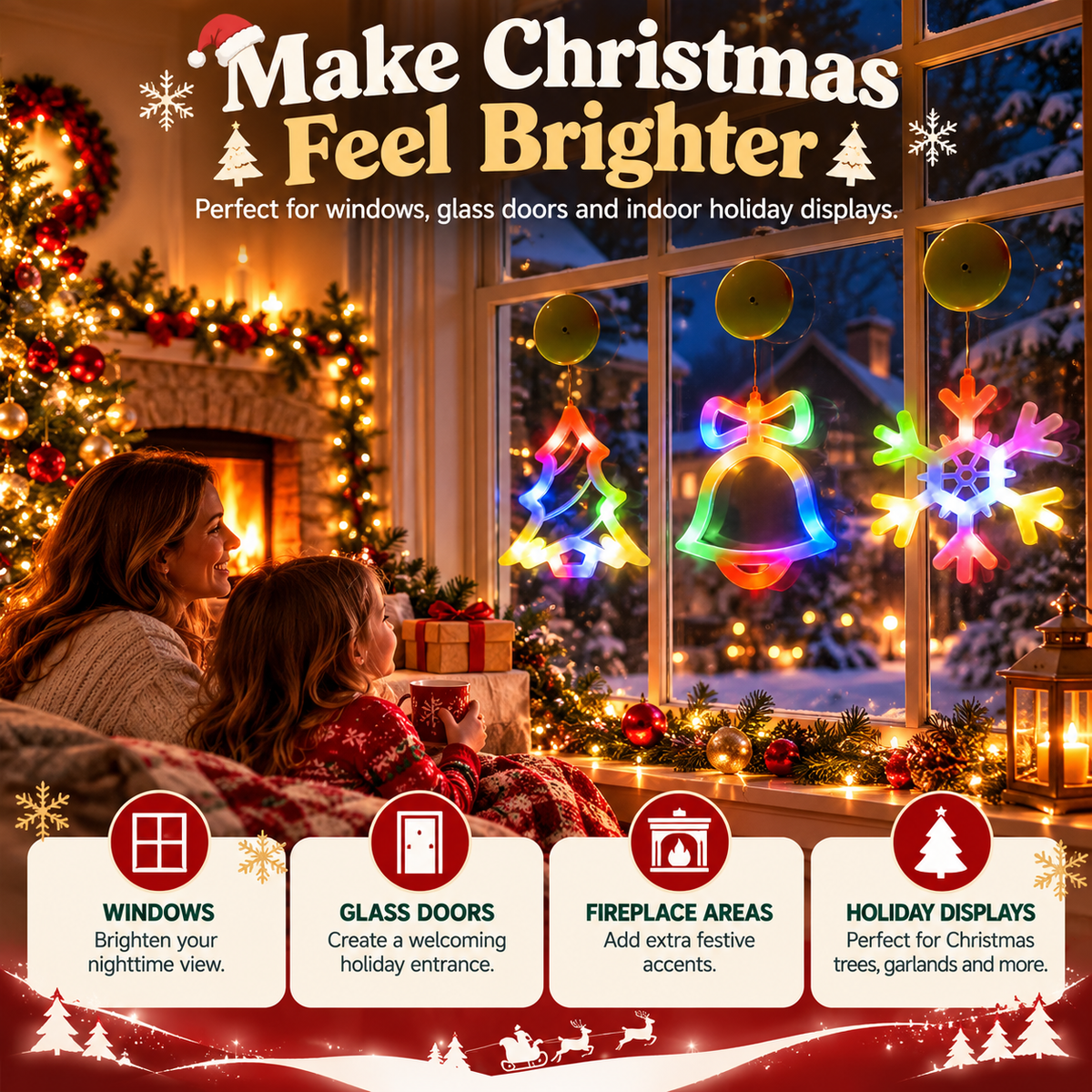 🎄 3-Piece Christmas Window Lights – LED Suction Cup Tree, Bell & Snowflake Decorations