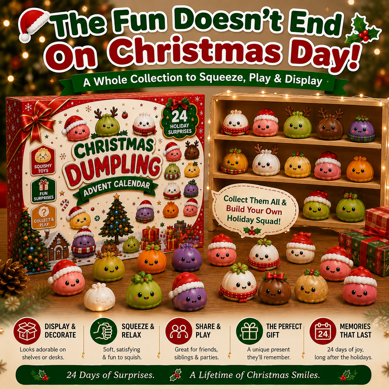 Mini Christmas dumpling squishies displayed together on a small wooden shelf after opening the calendar