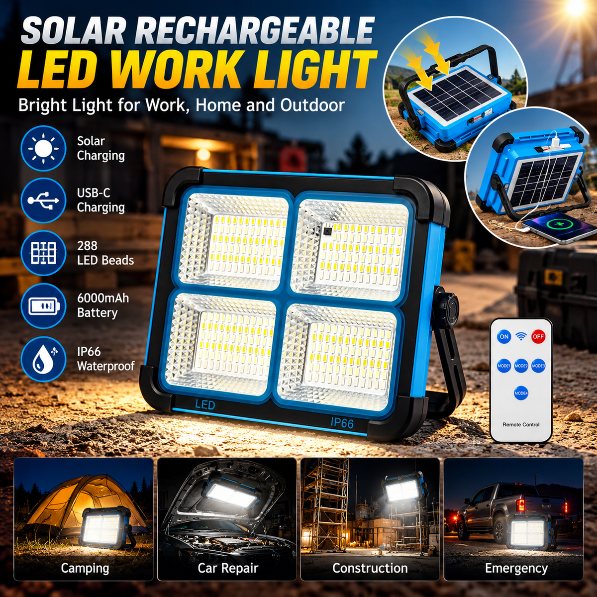 Solar Rechargeable 6000mA LED Work Light