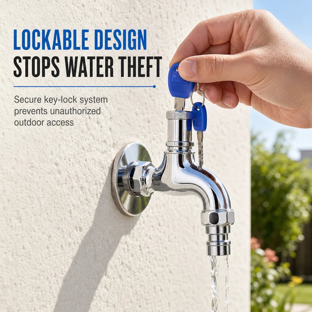 🔐 Lockable Outdoor Water Faucet with Key — Secure Metal Garden Tap for Outdoor Water Access